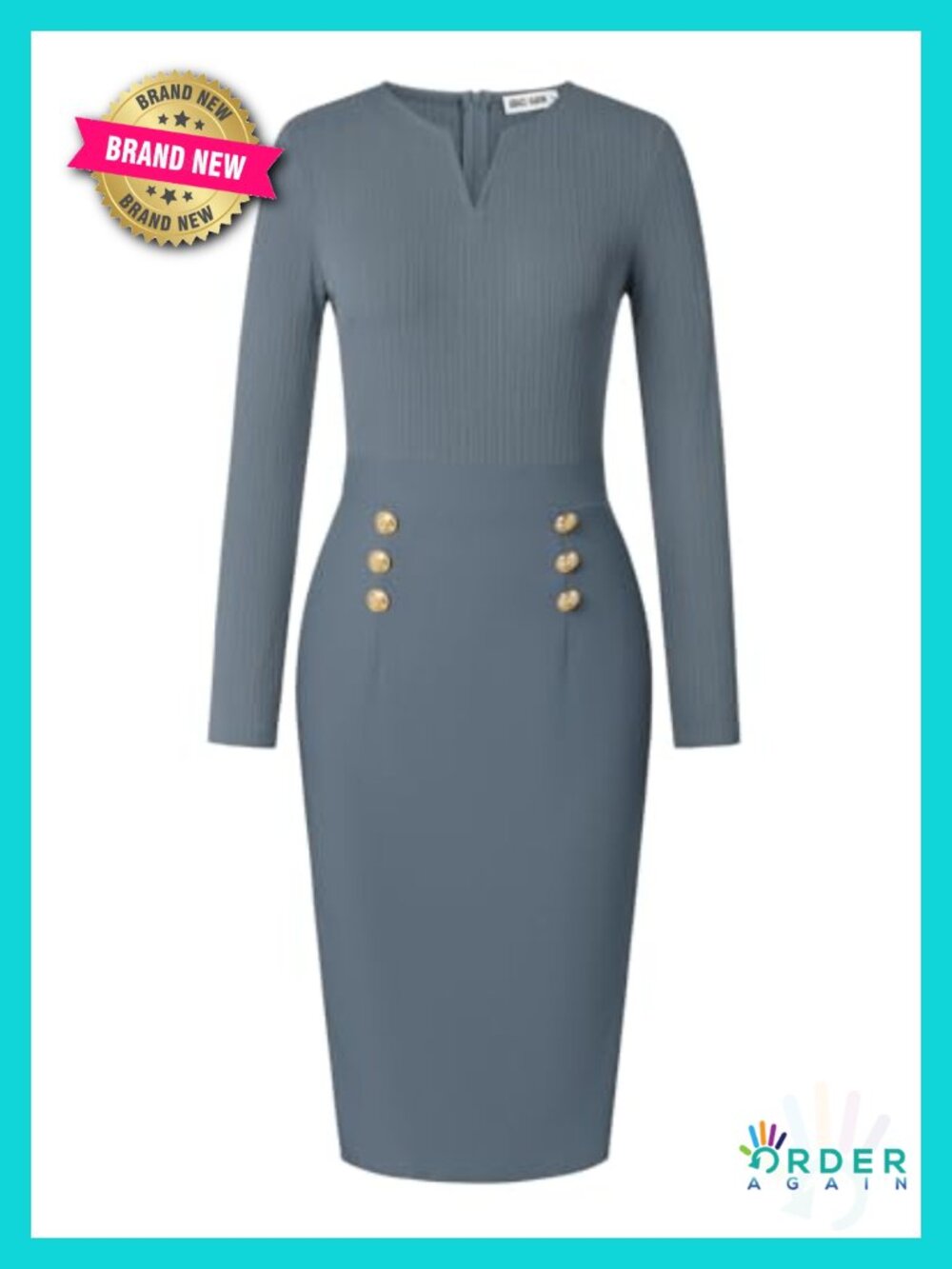 Women's Long Sleeve Work Midi Sheath Dress Contrast Fabric